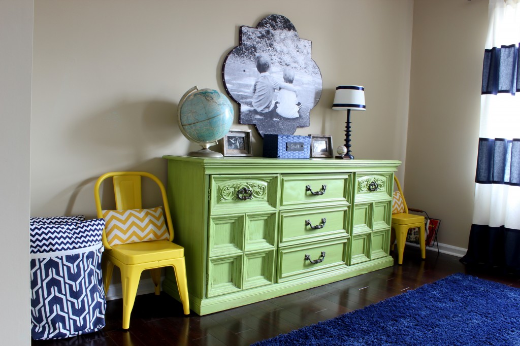 This lime green dresser looks awesome in this boy's bedroom! What an amazing before & after.