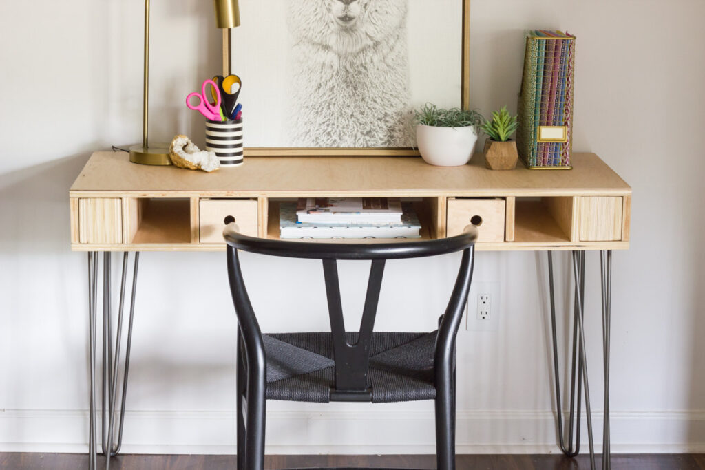 DIY plywood desk with hairpin legs