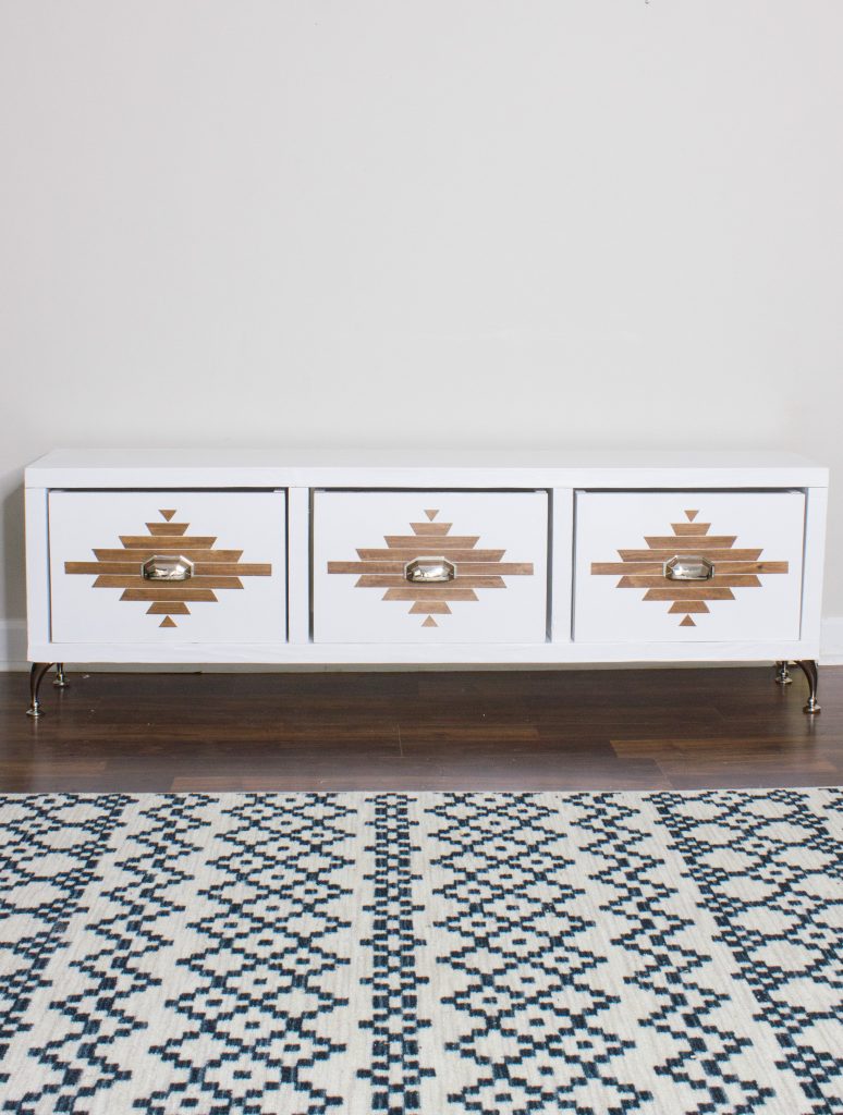 DIY storage bench with Aztec painted design