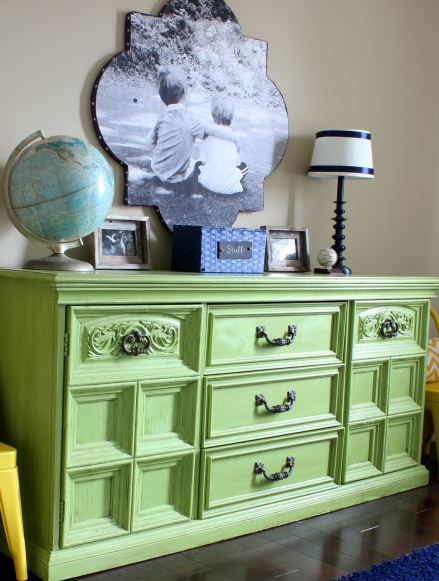 This lime green dresser looks awesome in this boy's bedroom! What an amazing before & after.