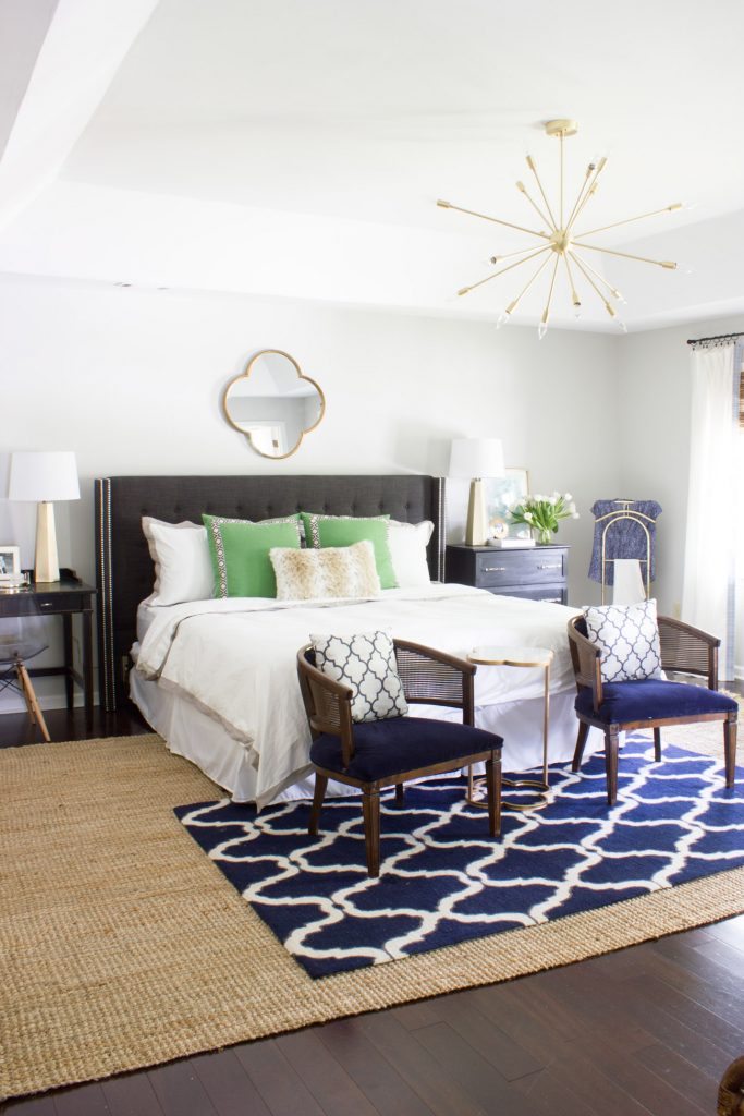 This master bedroom makeover was completed for the One Room Challenge. With pops of gray, navy, green & gold, this room is a calming retreat.